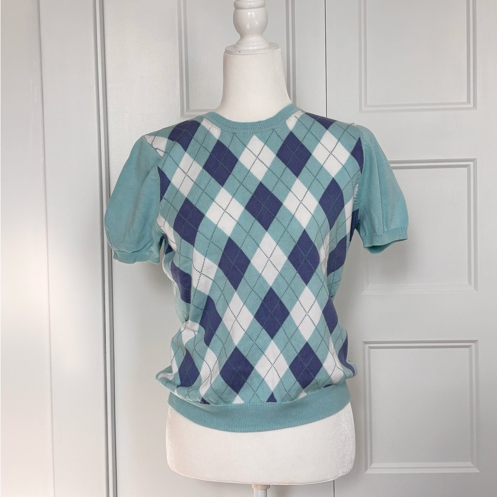 Aqua Argyle Short Sleeve Knit Tee